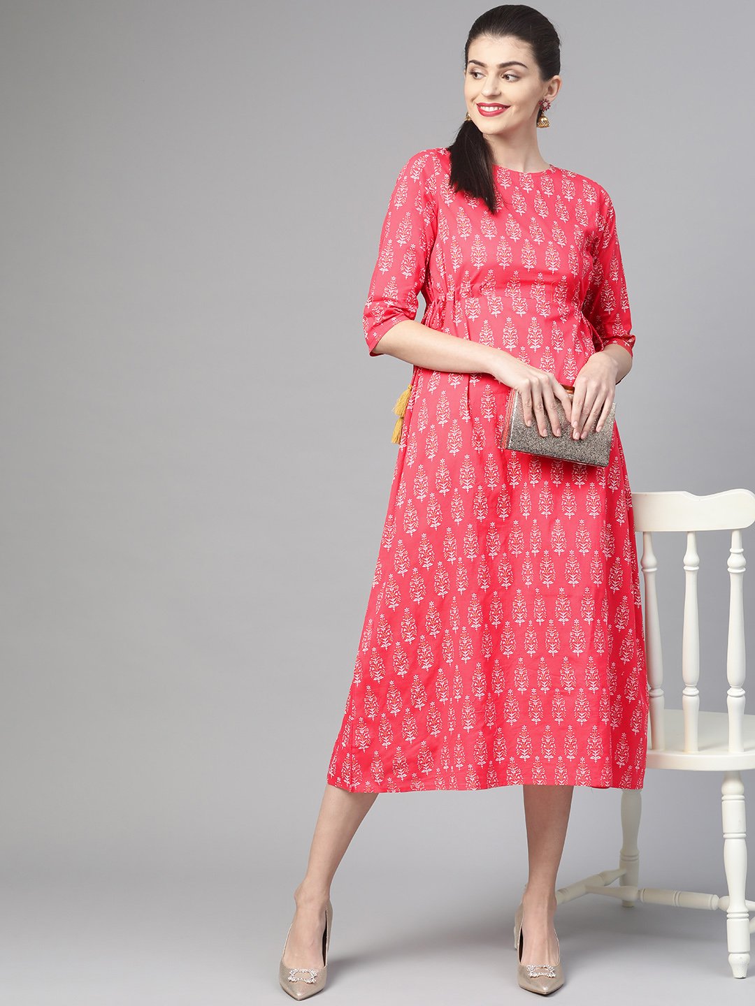 Women Pink & Gold Ethnic Motifs Printed Maxi Dress | LASVINI - Redefining Indian Fashion with Elegance