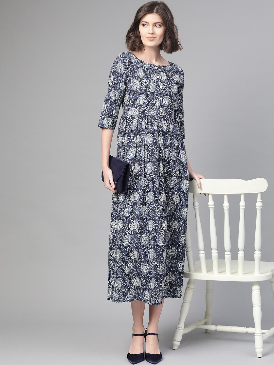 Women Navy Blue & Cream Floral Printed Maxi Dress | LASVINI - Redefining Indian Fashion with Elegance