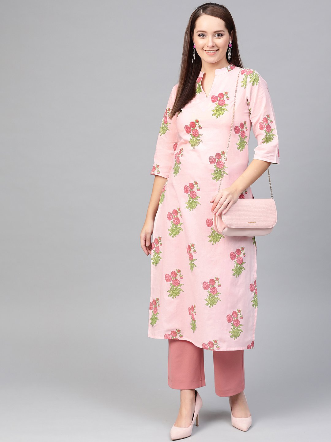 Women Pink & Green Cotton Straight Floral Printed Kurta | LASVINI - Redefining Indian Fashion with Elegance