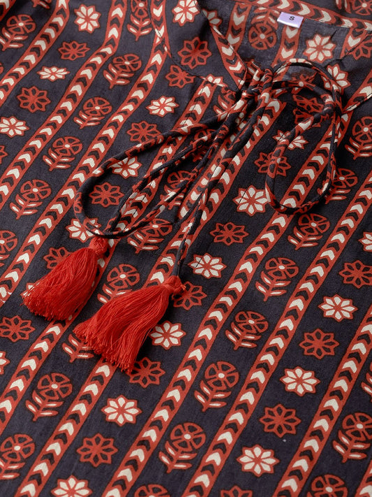 Women Black & Rust Regular Printed Top | LASVINI - Redefining Indian Fashion with Elegance
