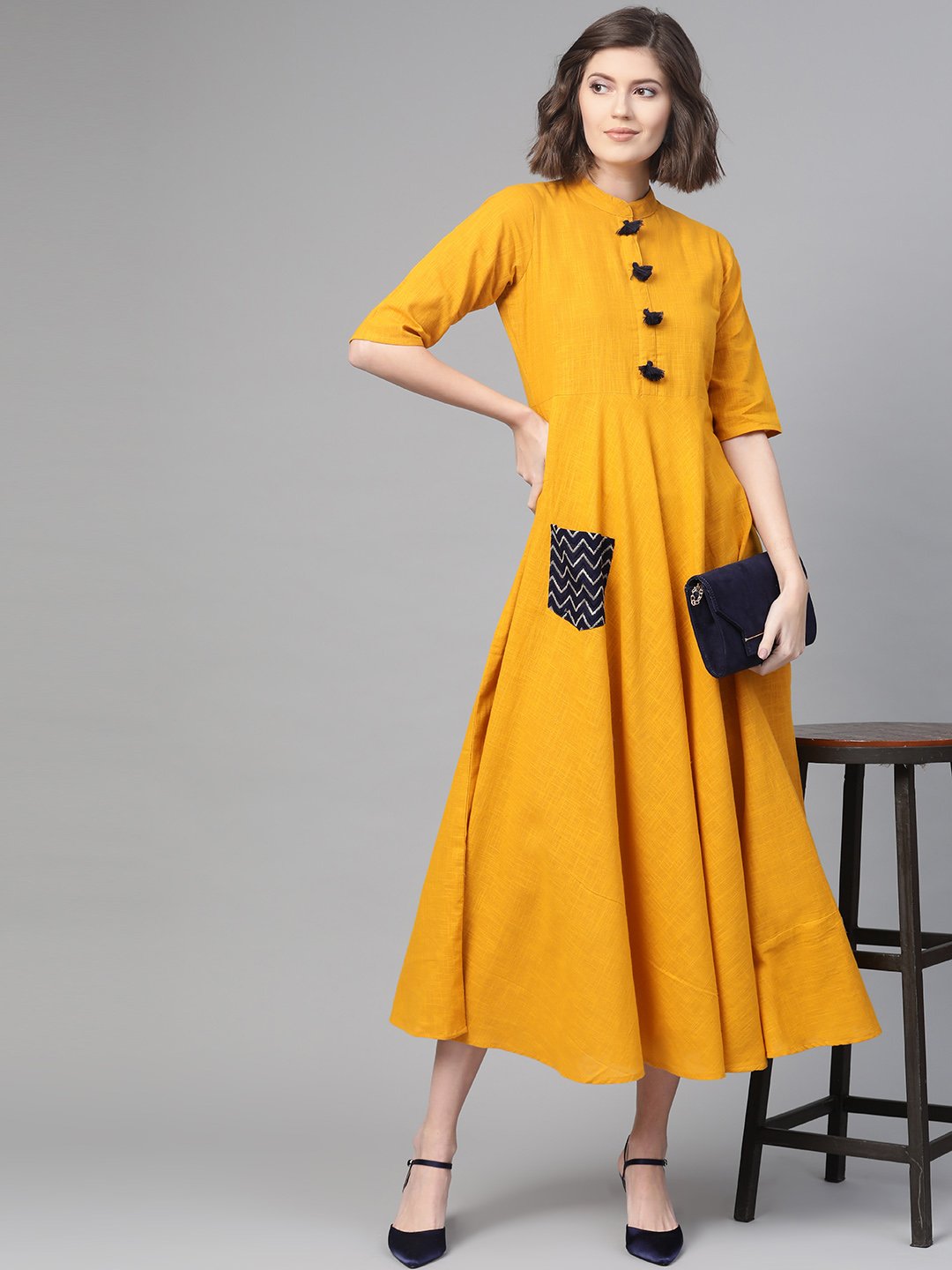Women Mustard & Black Solid Fit And Flare Dress | LASVINI - Redefining Indian Fashion with Elegance