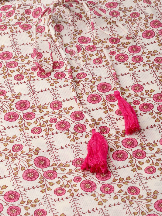 Women Off White & Pink Floral Printed A-Line Dress | LASVINI - Redefining Indian Fashion with Elegance