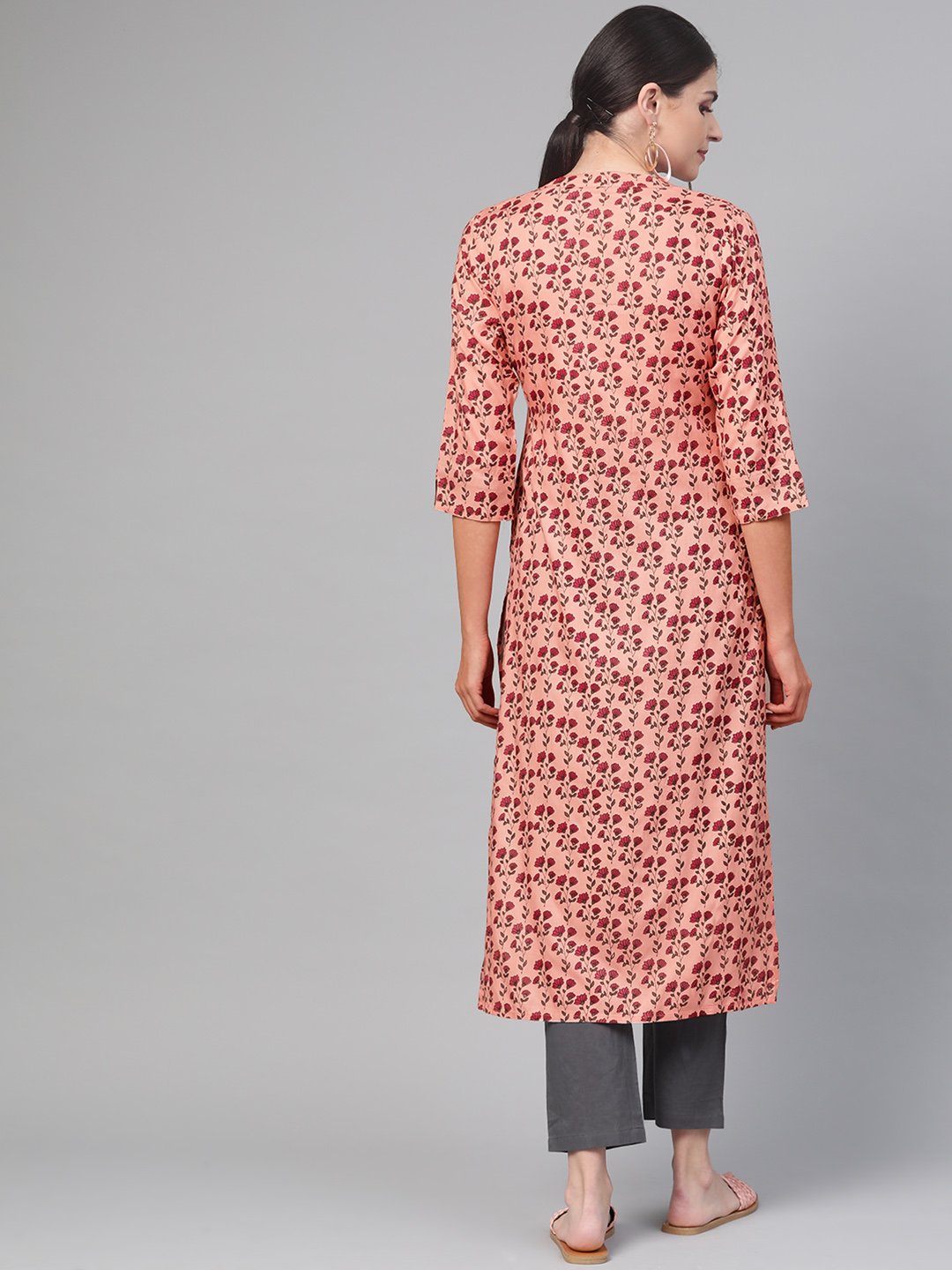 Women Peach & Burgundy Straight Floral Printed Kurta And Trousers Set | LASVINI - Redefining Indian Fashion with Elegance