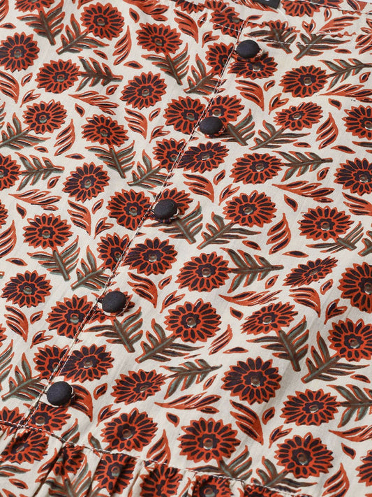 Women Cream & Brown Floral Printed Maxi Dress | LASVINI - Redefining Indian Fashion with Elegance