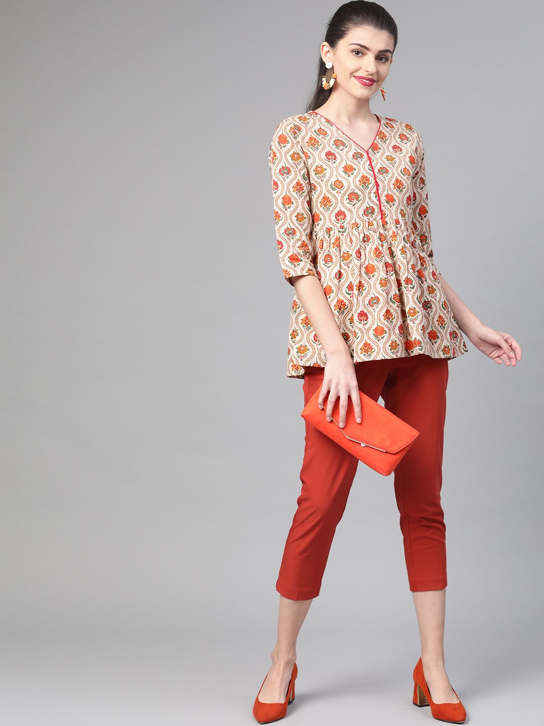 Women Cream & Orange Cotton Printed V-Neck Tunic | LASVINI - Redefining Indian Fashion with Elegance