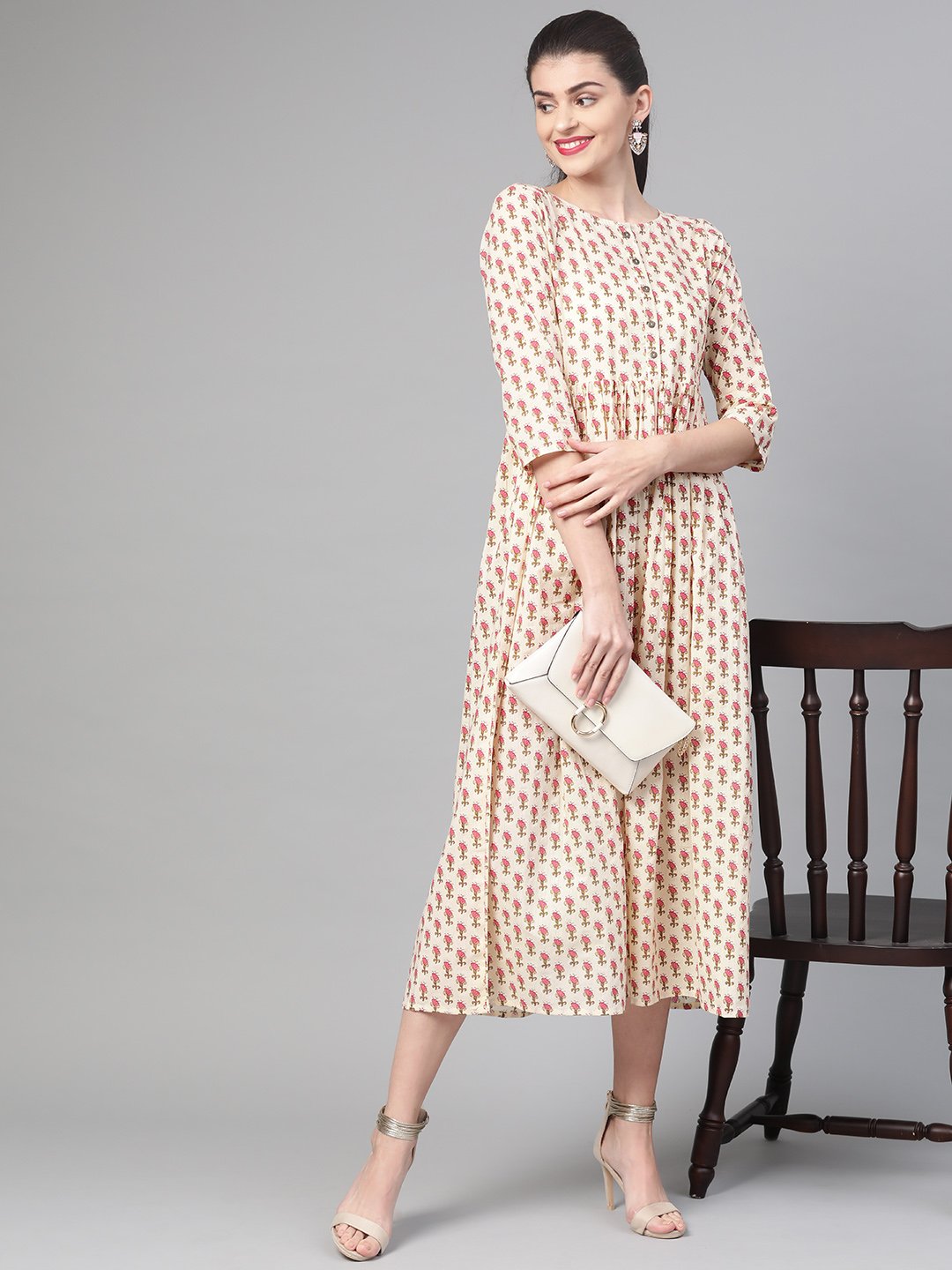 Women Cream & Pink Floral Printed Maxi Dress | LASVINI - Redefining Indian Fashion with Elegance