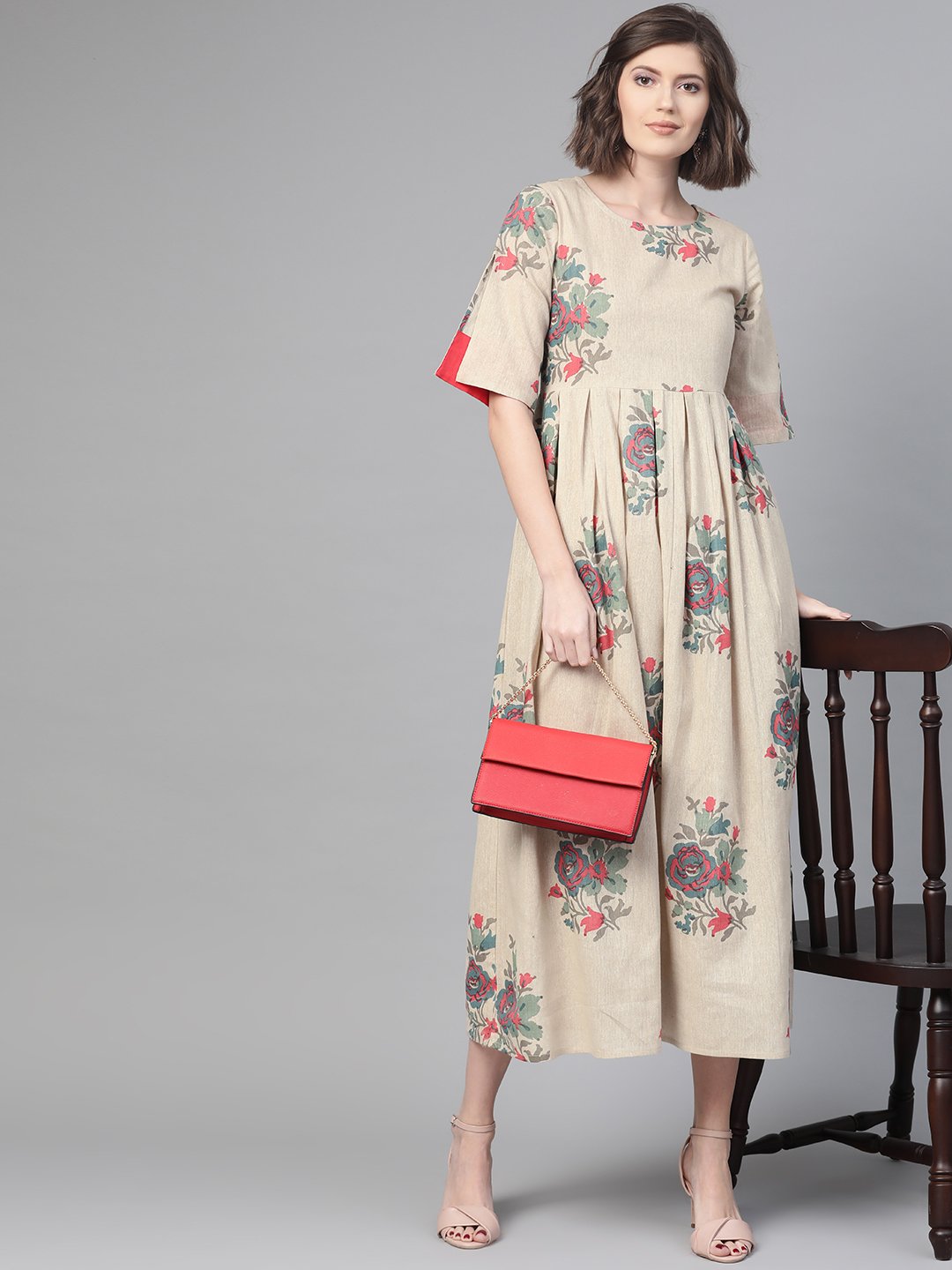 Women Cream & Coral Floral Printed Maxi Dress | LASVINI - Redefining Indian Fashion with Elegance