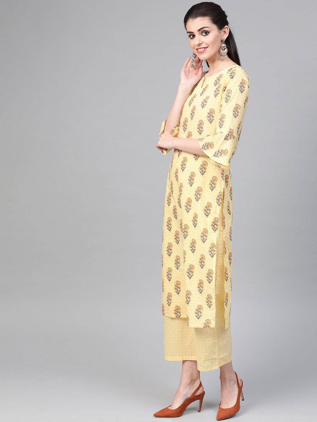 Women Yellow & Brown Straight Ethnic Motifs Printed Kurta And Palazzos Set | LASVINI - Redefining Indian Fashion with Elegance