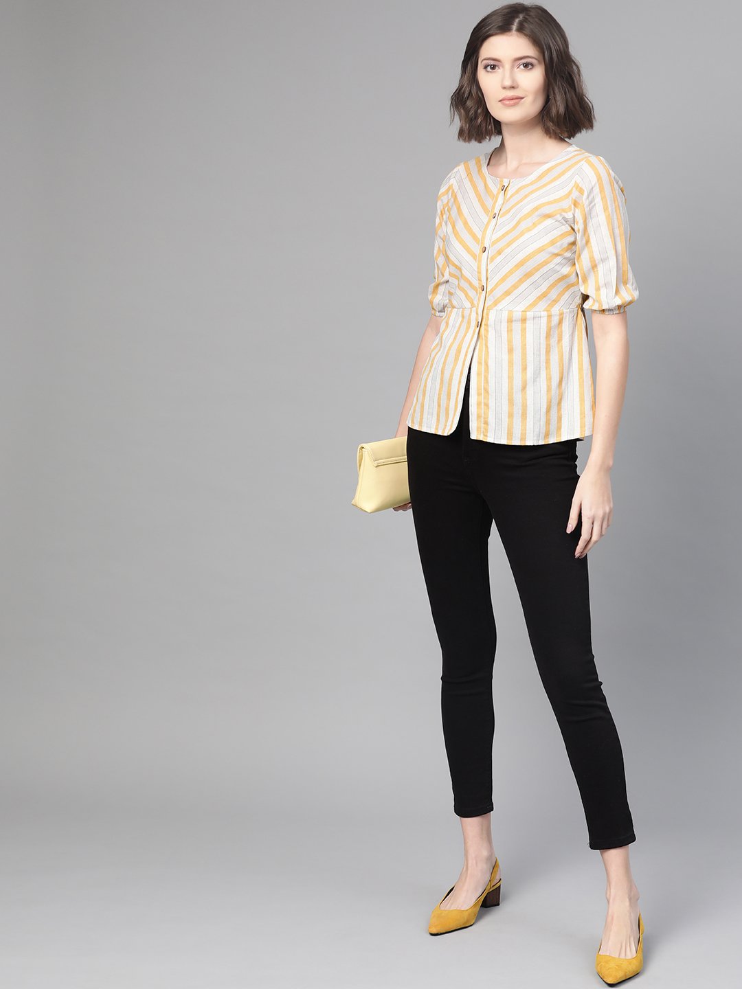 Women Off White & Mustard Peplum Striped Top | LASVINI - Redefining Indian Fashion with Elegance