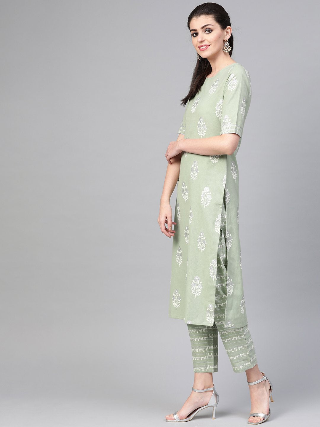 Women Green & White Straight Ethnic Motifs Printed Kurta And Trousers Set | LASVINI - Redefining Indian Fashion with Elegance