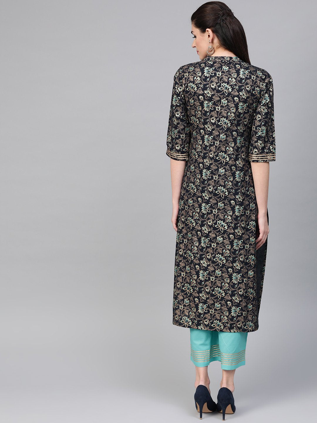 Women Navy Blue & Blue Straight Floral Printed Kurta And Palazzos Set | LASVINI - Redefining Indian Fashion with Elegance