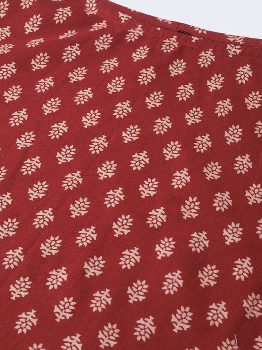 Women Maroon & Cream Cotton Straight Ethnic Motifs Printed Kurta | LASVINI - Redefining Indian Fashion with Elegance
