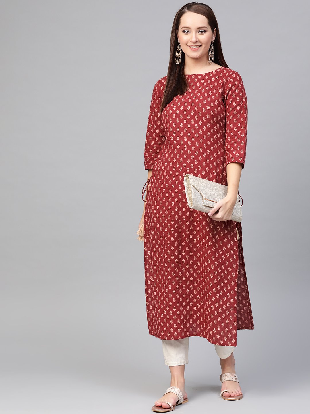 Women Maroon & Cream Cotton Straight Ethnic Motifs Printed Kurta | LASVINI - Redefining Indian Fashion with Elegance