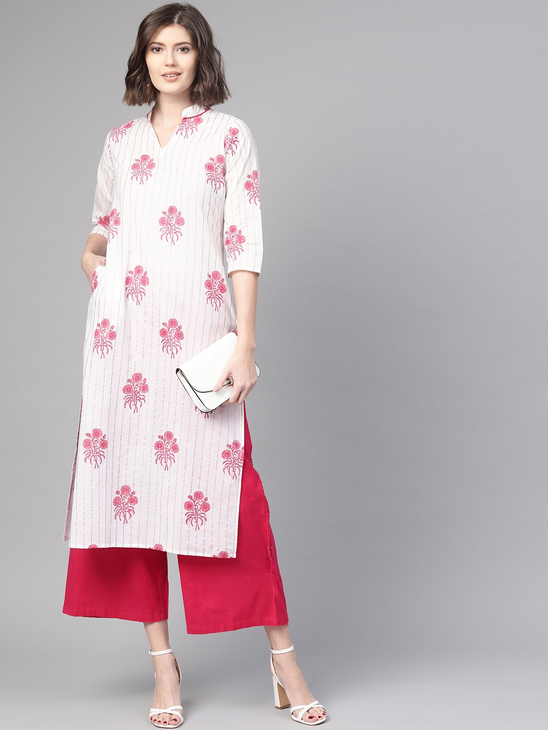 Women White & Pink Cotton Straight Floral Printed Kurta | LASVINI - Redefining Indian Fashion with Elegance