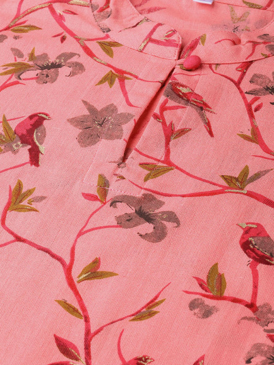Women Pink & Mustard Cotton Straight Floral Printed Kurta | LASVINI - Redefining Indian Fashion with Elegance