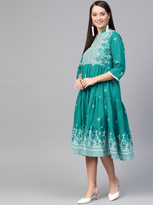 Women Green & White Tribal Printed Fit And Flare Dress | LASVINI - Redefining Indian Fashion with Elegance