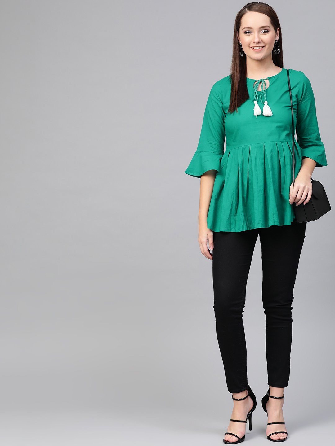 Women Teal Solid Tie-Up Neck Peplum Top | LASVINI - Redefining Indian Fashion with Elegance