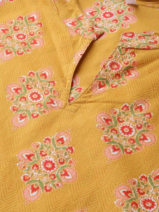 Women Mustard & Peach Straight Floral Printed Kurta And Trousers Set | LASVINI - Redefining Indian Fashion with Elegance