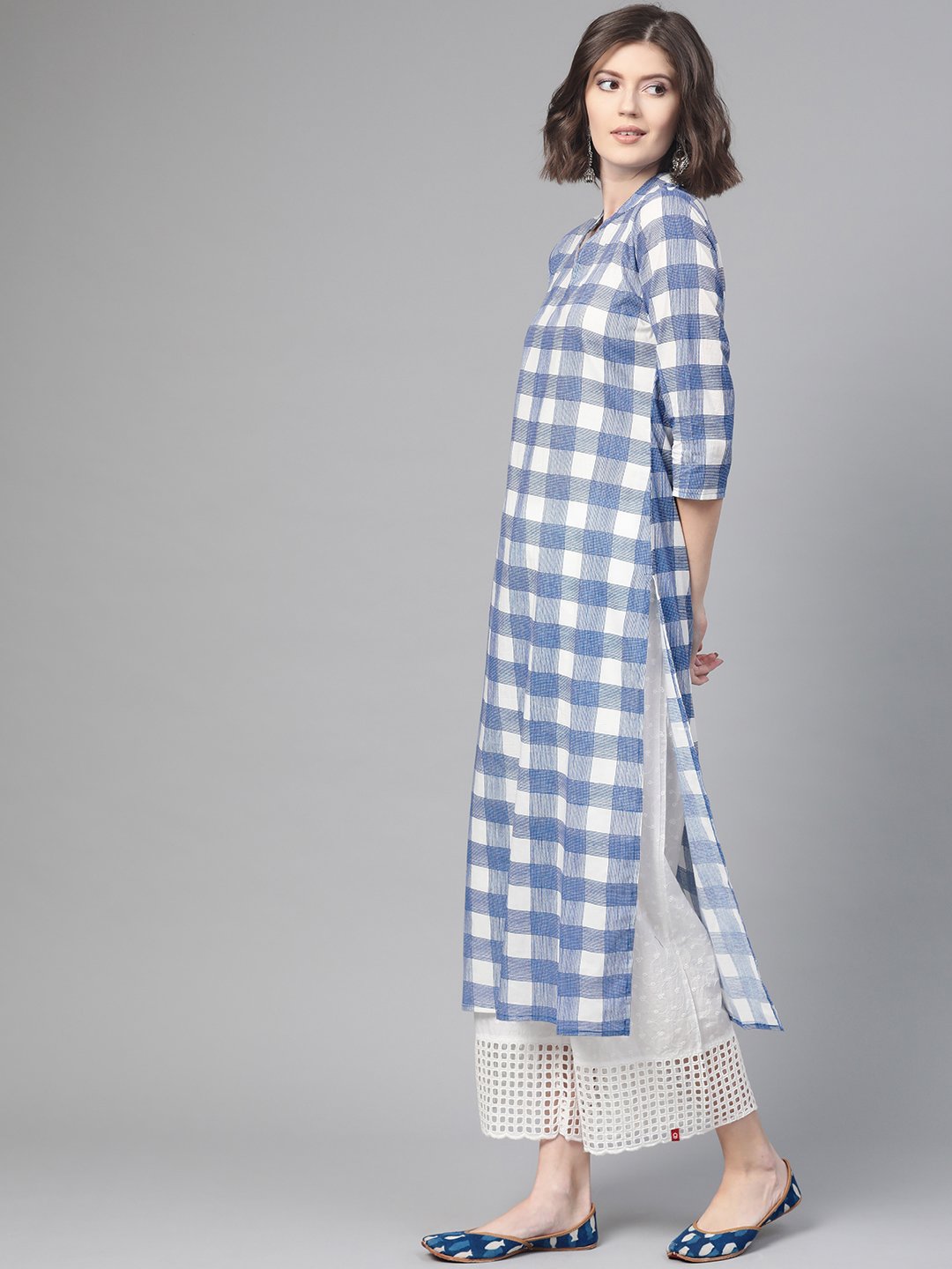 Adults-Women White & Blue Cotton Straight Checked Checked Kurta | LASVINI - Redefining Indian Fashion with Elegance