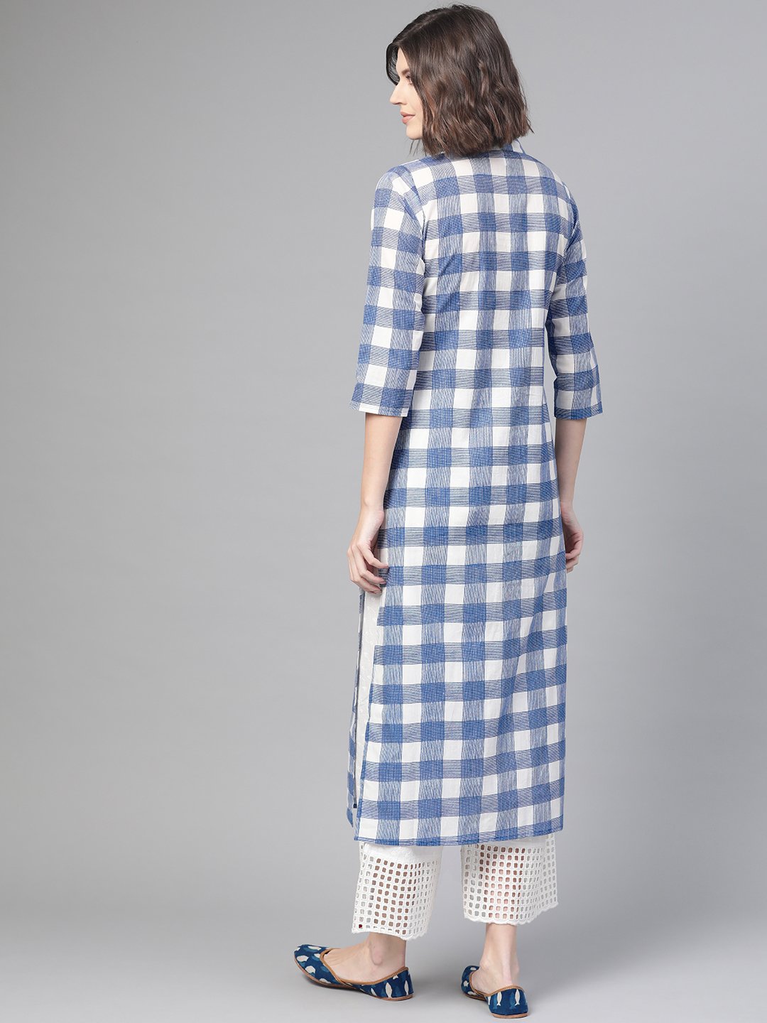 Adults-Women White & Blue Cotton Straight Checked Checked Kurta | LASVINI - Redefining Indian Fashion with Elegance