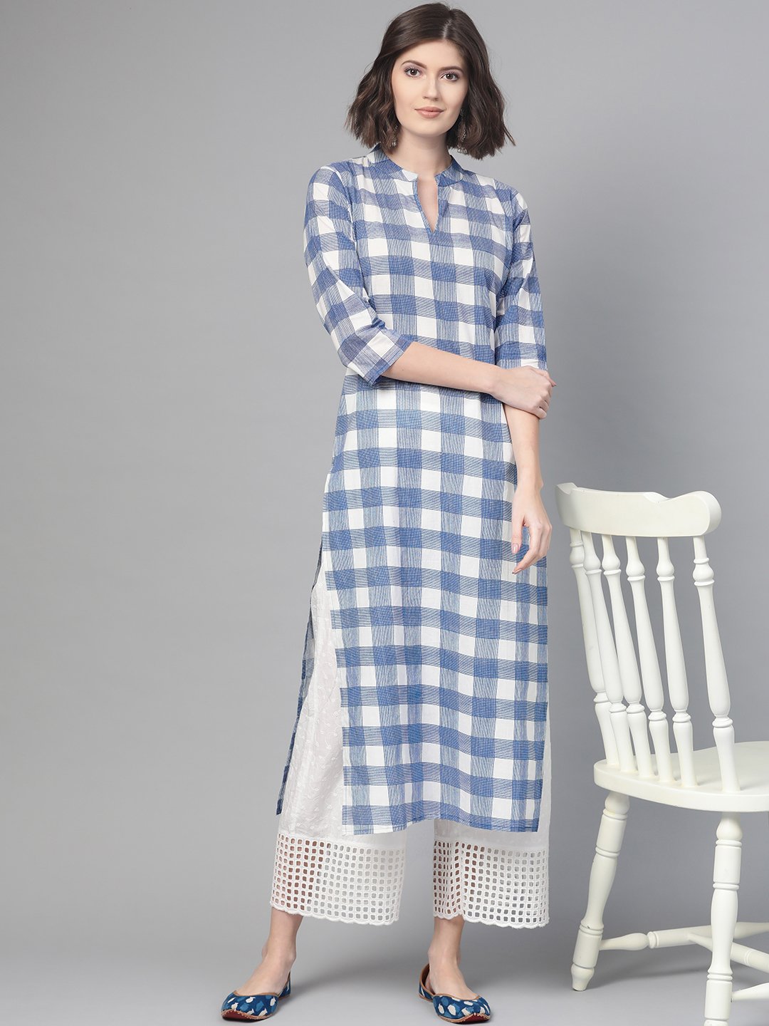 Adults-Women White & Blue Cotton Straight Checked Checked Kurta | LASVINI - Redefining Indian Fashion with Elegance
