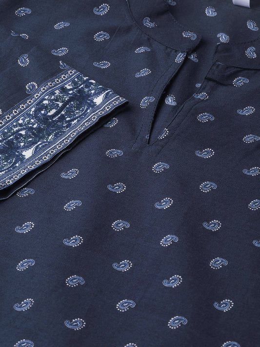 Adults-Women Navy Blue & White Cotton Straight Ethnic Motifs Printed Kurta | LASVINI - Redefining Indian Fashion with Elegance