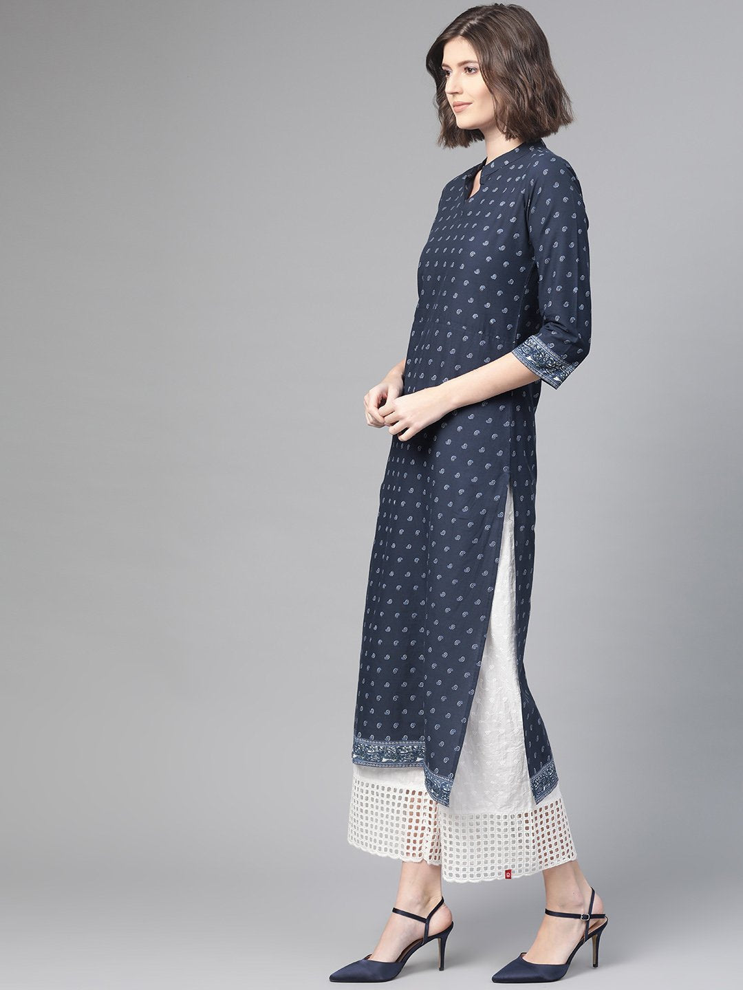 Adults-Women Navy Blue & White Cotton Straight Ethnic Motifs Printed Kurta | LASVINI - Redefining Indian Fashion with Elegance