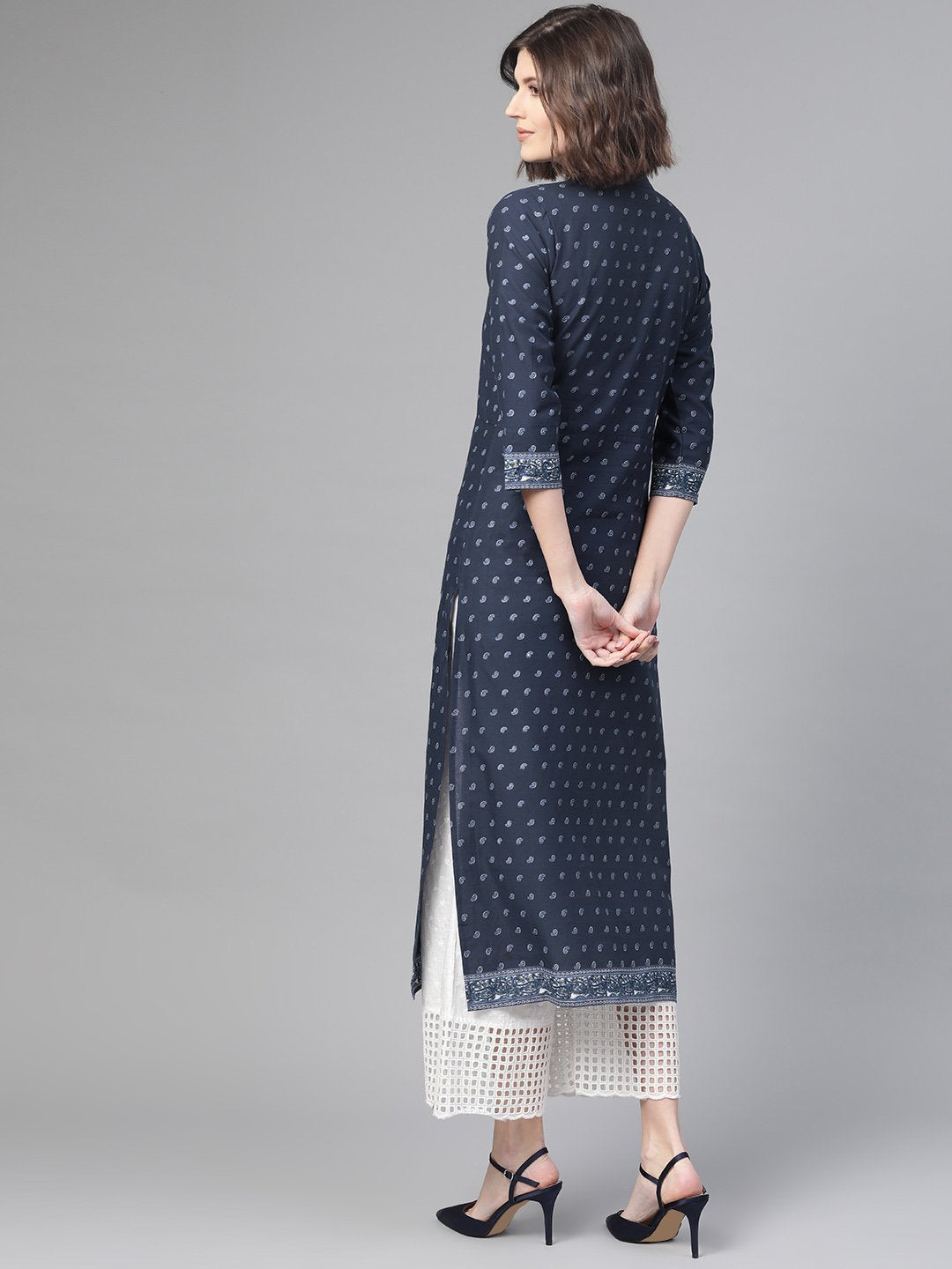 Adults-Women Navy Blue & White Cotton Straight Ethnic Motifs Printed Kurta | LASVINI - Redefining Indian Fashion with Elegance