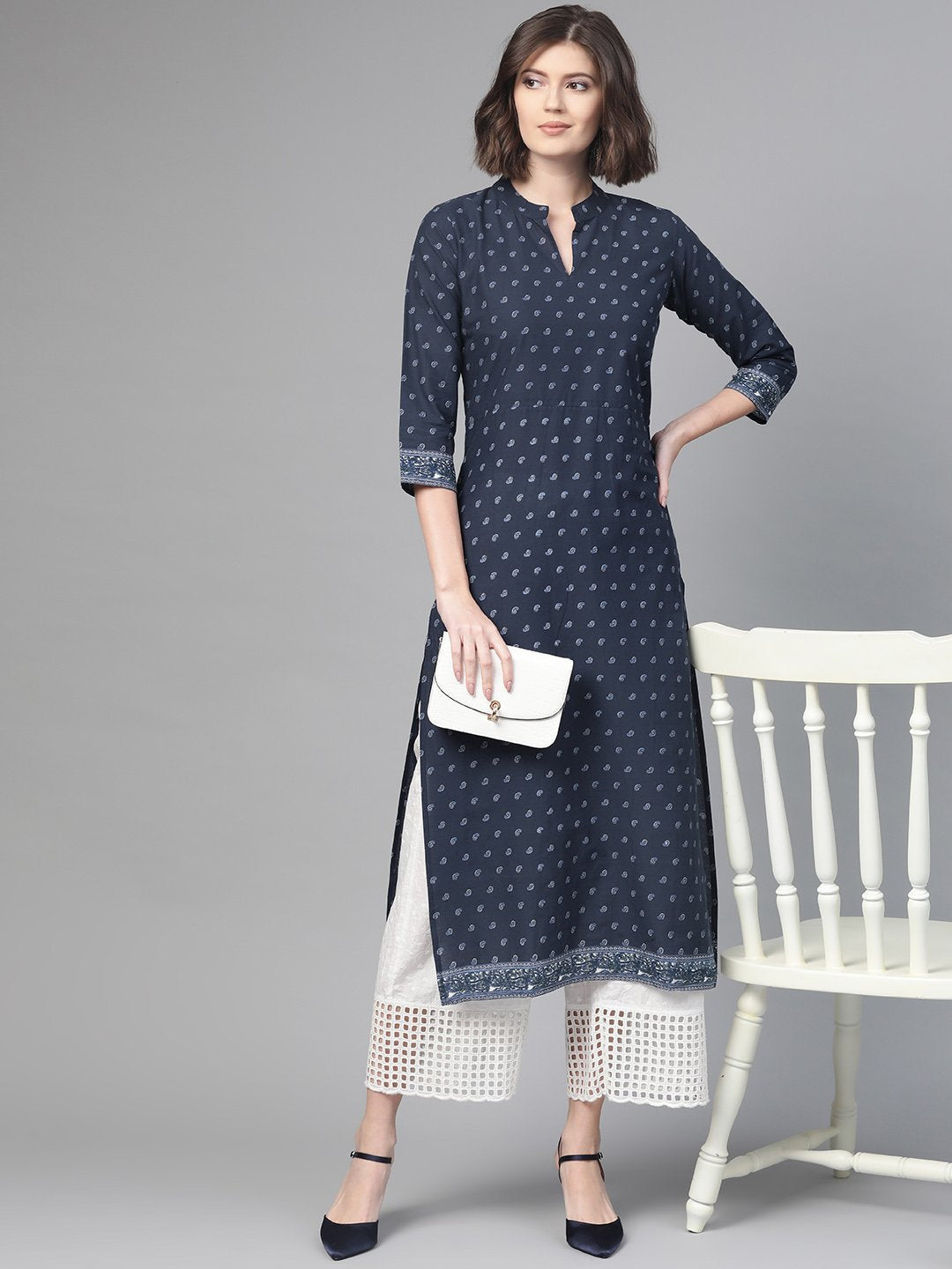 Adults-Women Navy Blue & White Cotton Straight Ethnic Motifs Printed Kurta | LASVINI - Redefining Indian Fashion with Elegance