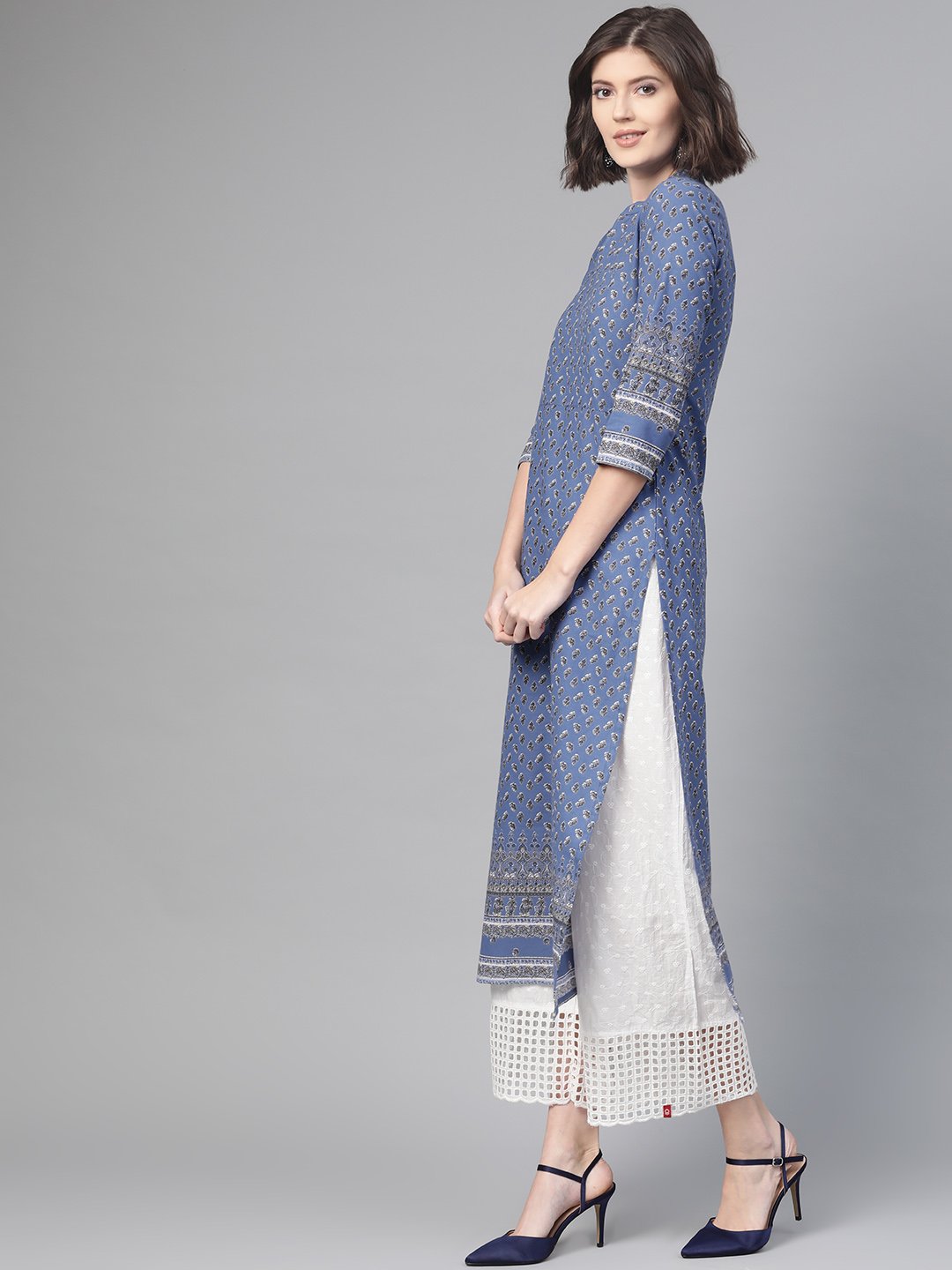 Adults-Women Purple & White Cotton Straight Floral Printed Kurta | LASVINI - Redefining Indian Fashion with Elegance
