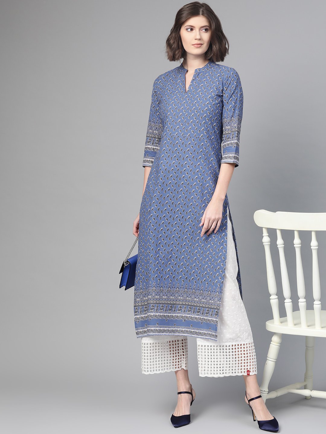 Adults-Women Purple & White Cotton Straight Floral Printed Kurta | LASVINI - Redefining Indian Fashion with Elegance