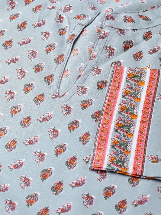 Adults-Women Blue & Pink Cotton Straight Floral Printed Kurta | LASVINI - Redefining Indian Fashion with Elegance