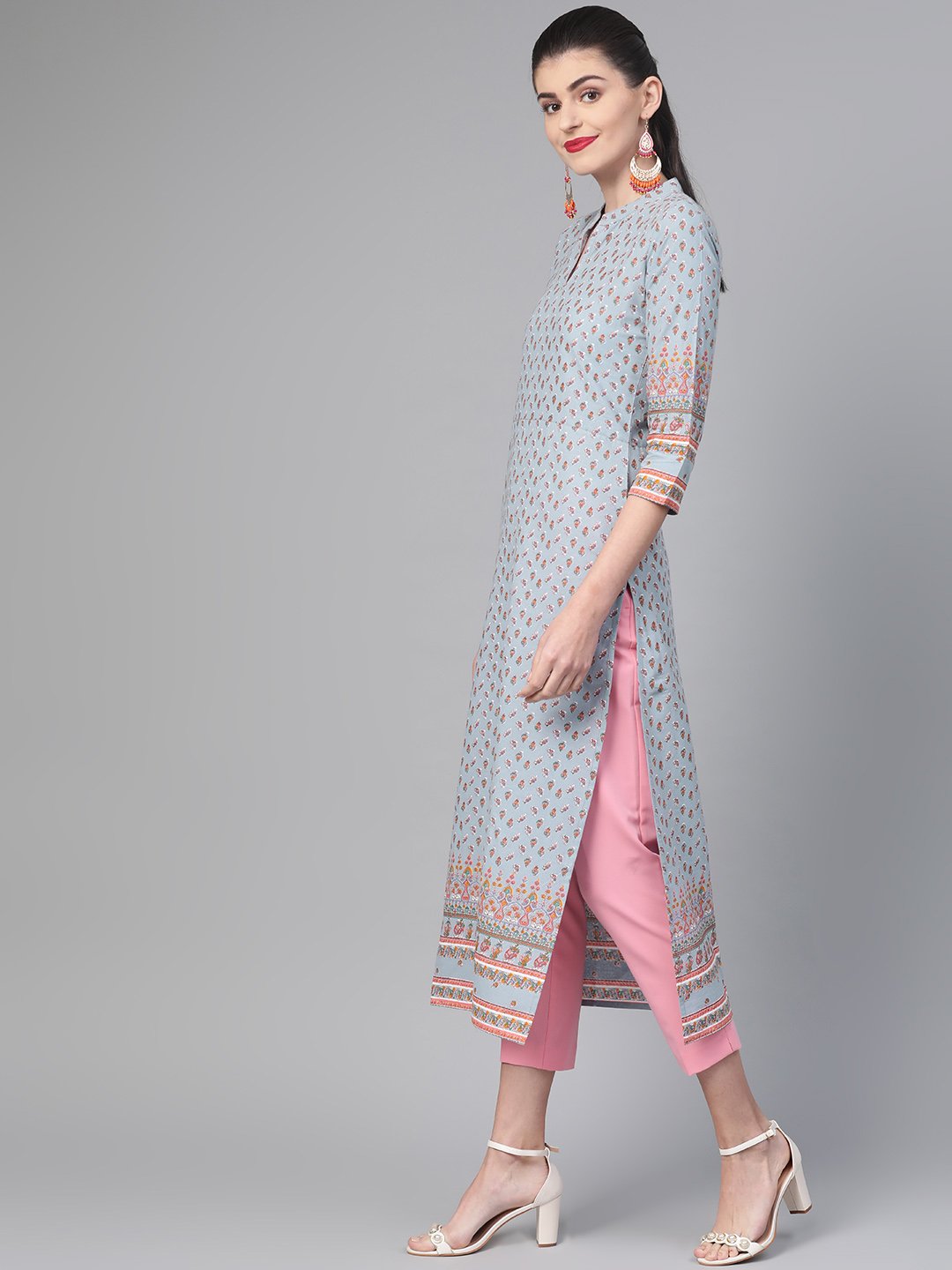 Adults-Women Blue & Pink Cotton Straight Floral Printed Kurta | LASVINI - Redefining Indian Fashion with Elegance