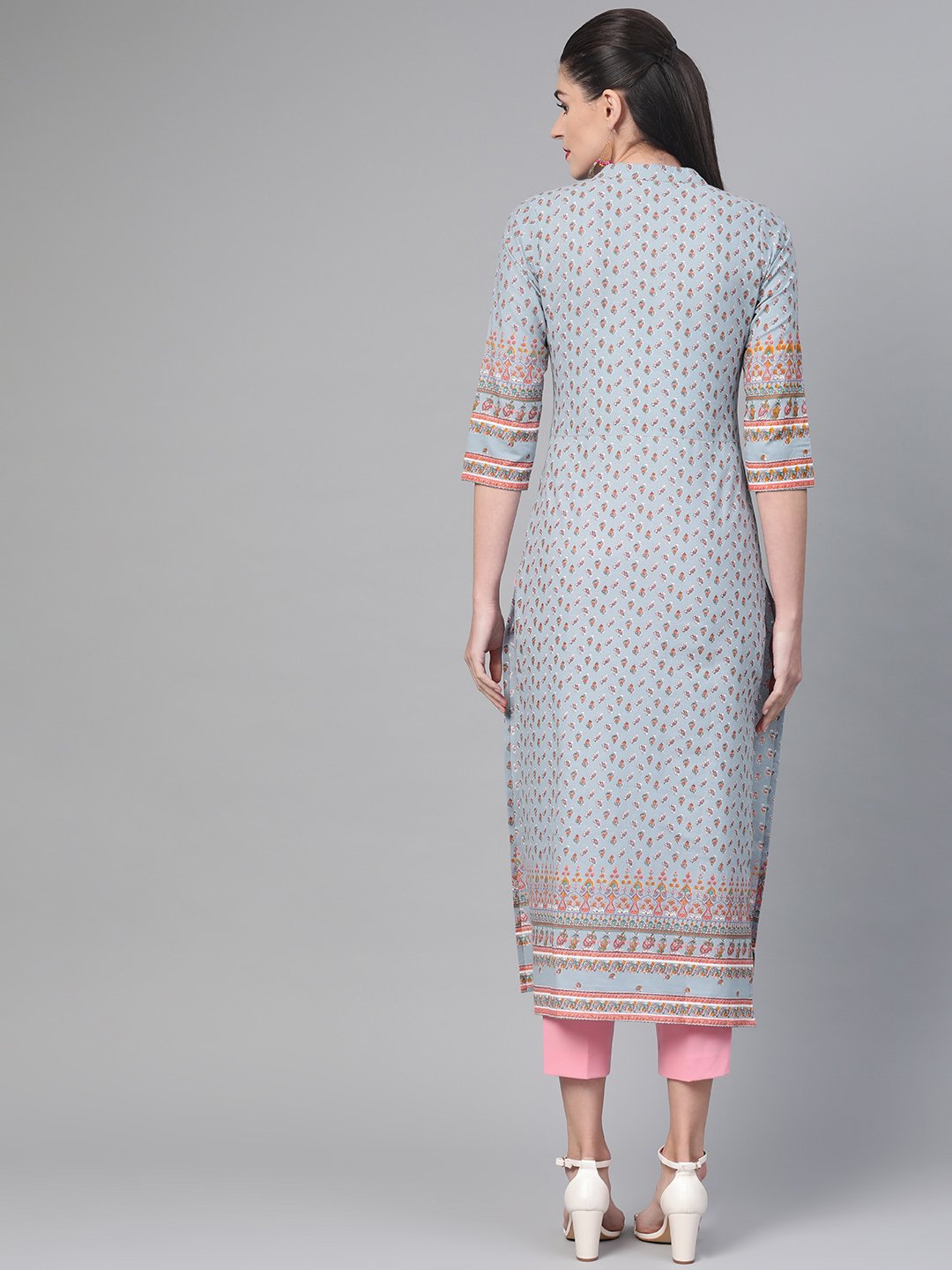 Adults-Women Blue & Pink Cotton Straight Floral Printed Kurta | LASVINI - Redefining Indian Fashion with Elegance