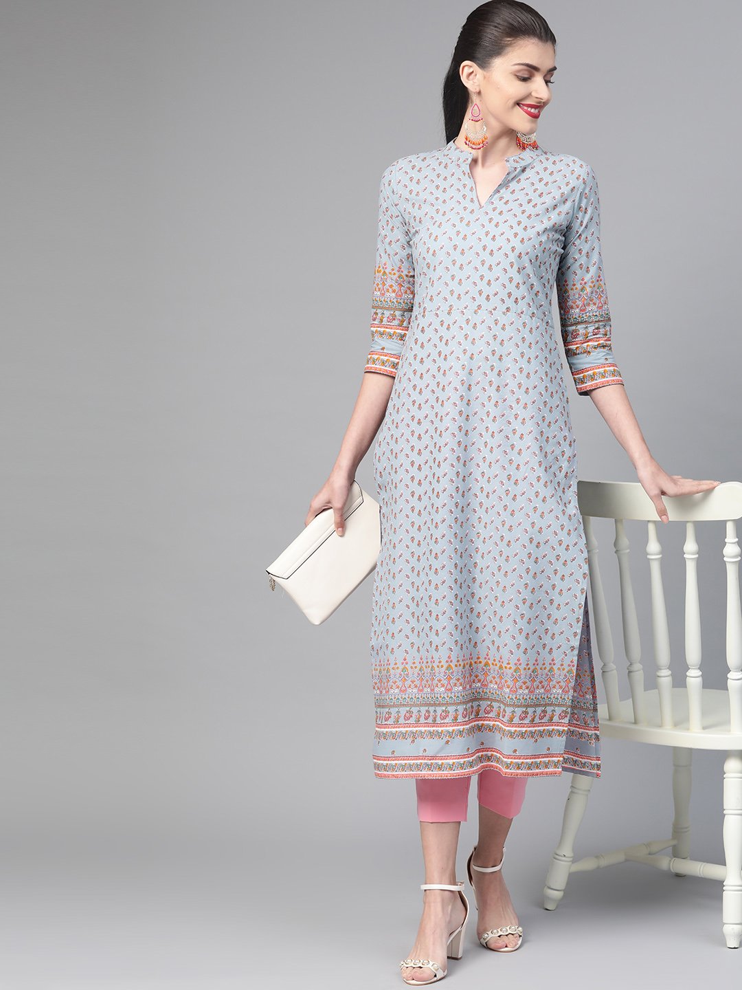 Adults-Women Blue & Pink Cotton Straight Floral Printed Kurta | LASVINI - Redefining Indian Fashion with Elegance