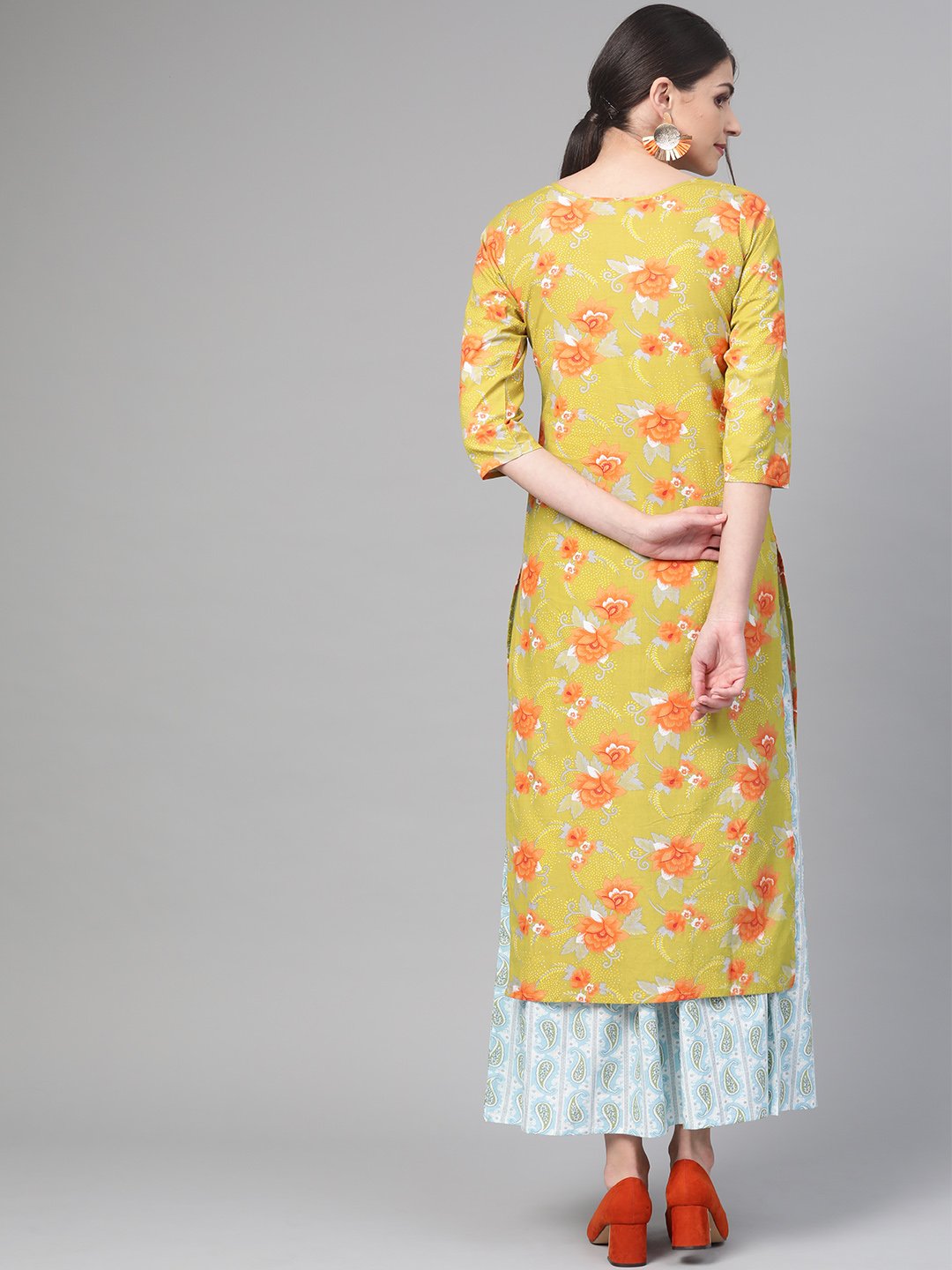 Women Green & Orange Straight Floral Printed Kurta And Skirt Set | LASVINI - Redefining Indian Fashion with Elegance