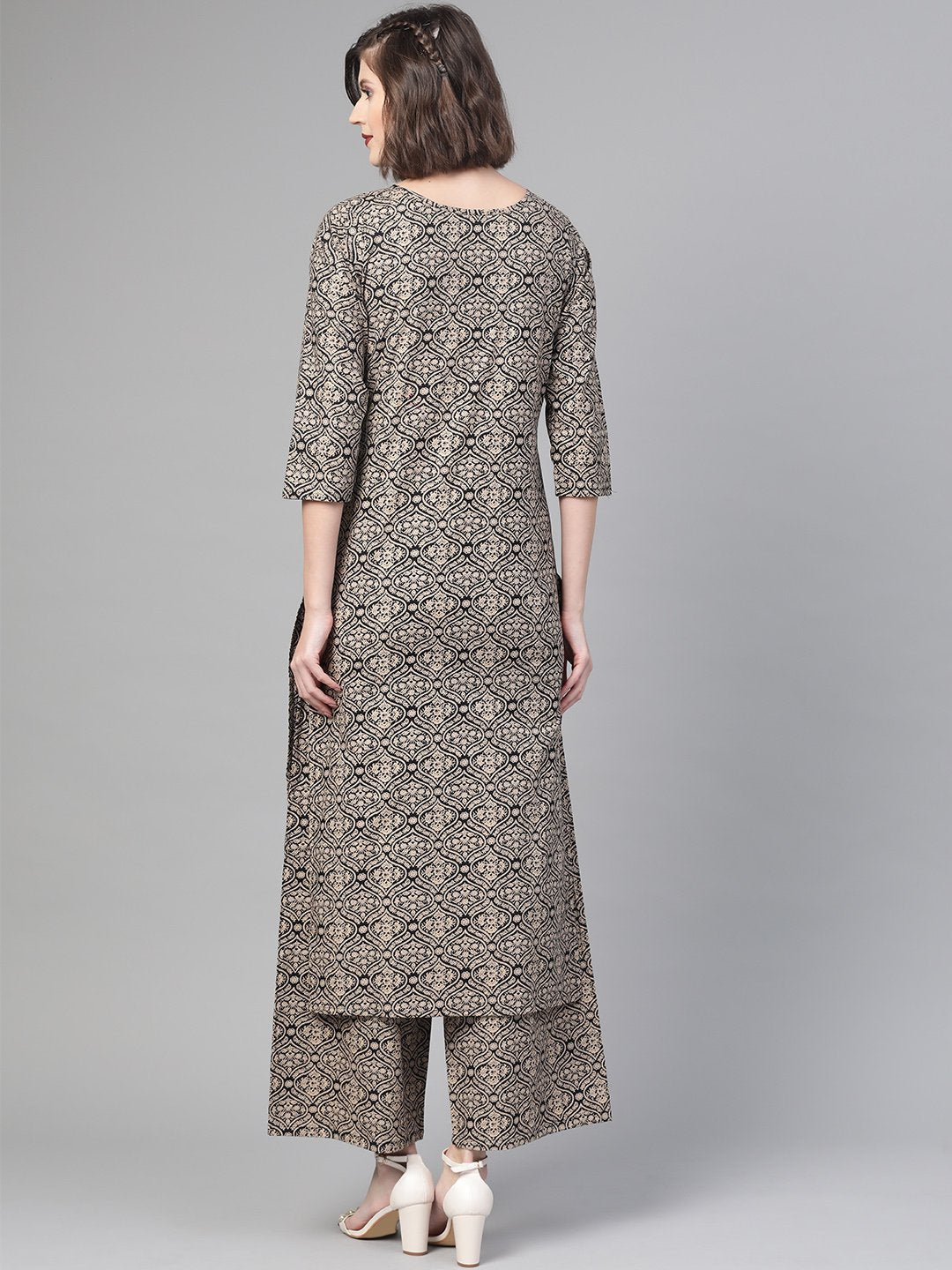Women Black & Beige Straight Ethnic Motifs Printed Kurta And Palazzos Set | LASVINI - Redefining Indian Fashion with Elegance