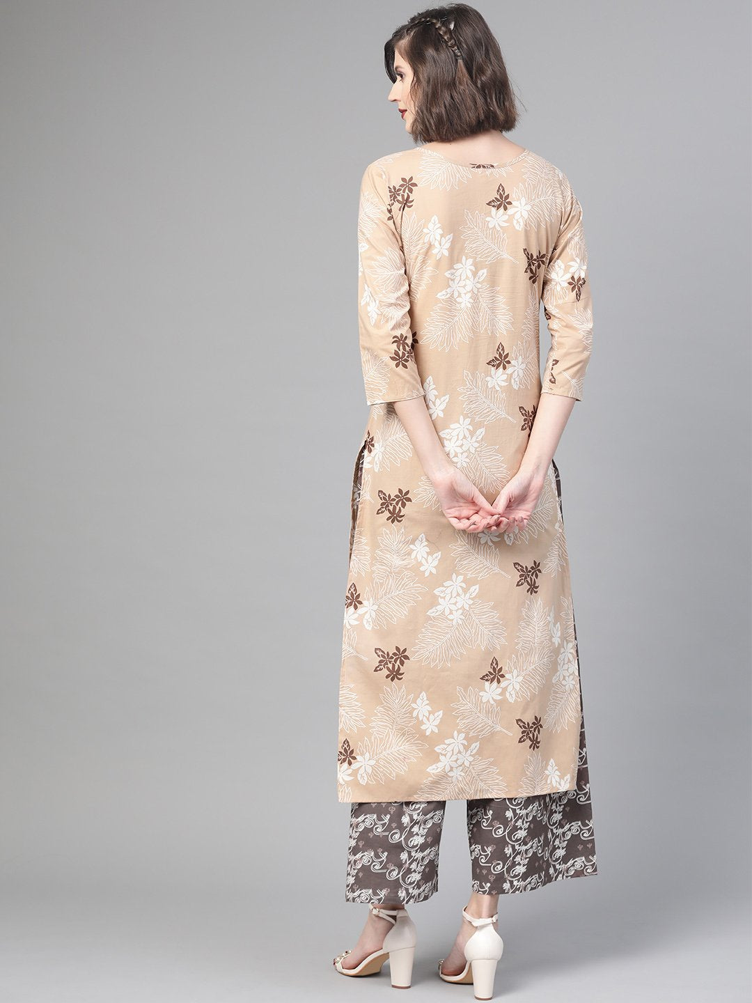 Women Beige & Off White Straight Floral Printed Kurta And Palazzos Set | LASVINI - Redefining Indian Fashion with Elegance
