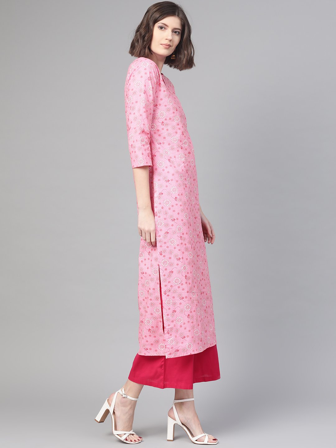Adults-Women Pink & White Cotton Straight Floral Printed Kurta | LASVINI - Redefining Indian Fashion with Elegance
