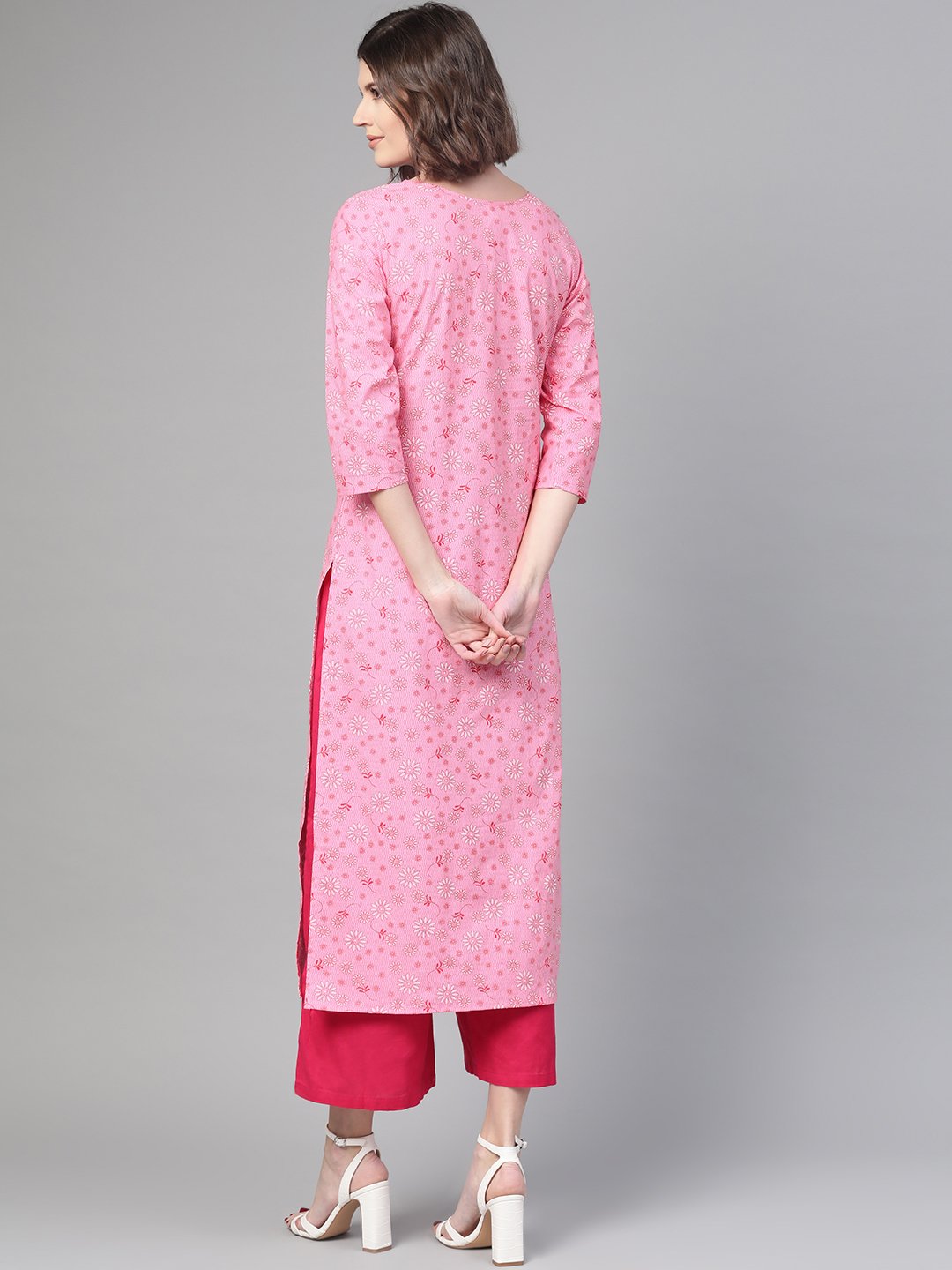 Adults-Women Pink & White Cotton Straight Floral Printed Kurta | LASVINI - Redefining Indian Fashion with Elegance