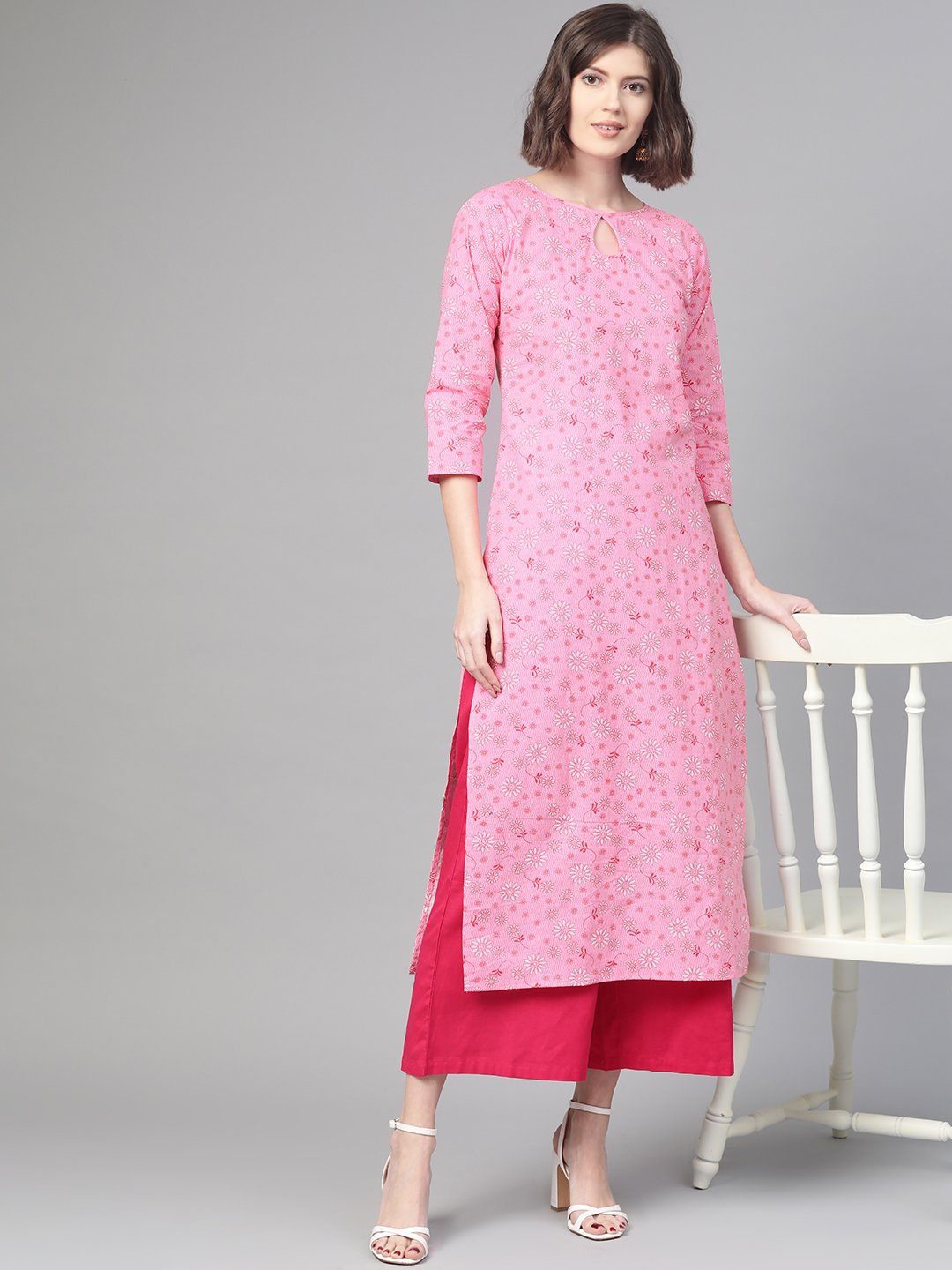 Adults-Women Pink & White Cotton Straight Floral Printed Kurta | LASVINI - Redefining Indian Fashion with Elegance