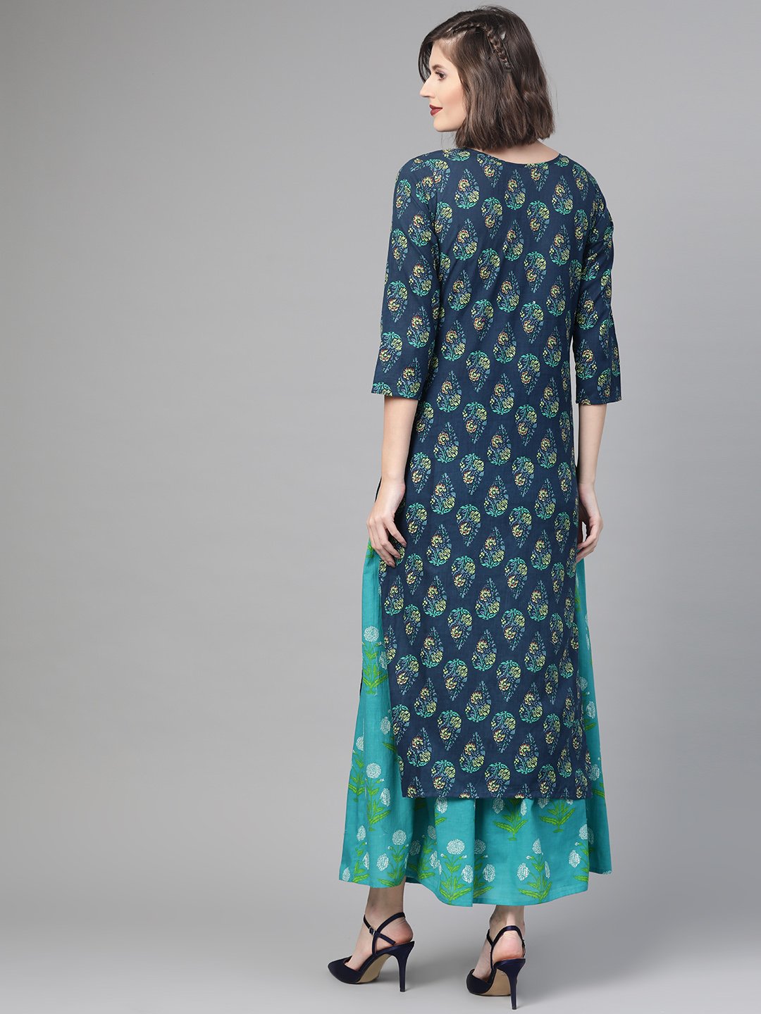 Women Navy Blue & Green Straight Ethnic Motifs Printed Kurta And Skirt Set | LASVINI - Redefining Indian Fashion with Elegance