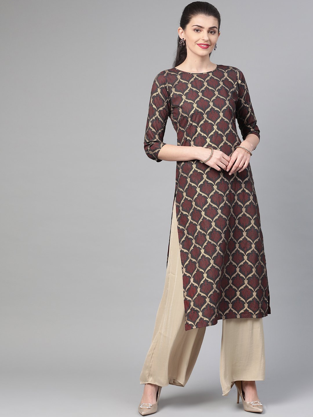 Adults-Women Olive & Gold Cotton Straight Geometric Printed Kurta | LASVINI - Redefining Indian Fashion with Elegance