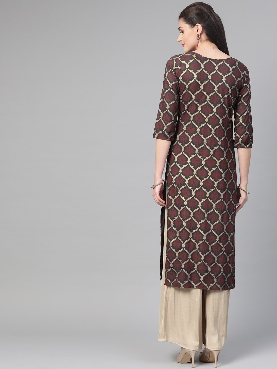 Adults-Women Olive & Gold Cotton Straight Geometric Printed Kurta | LASVINI - Redefining Indian Fashion with Elegance