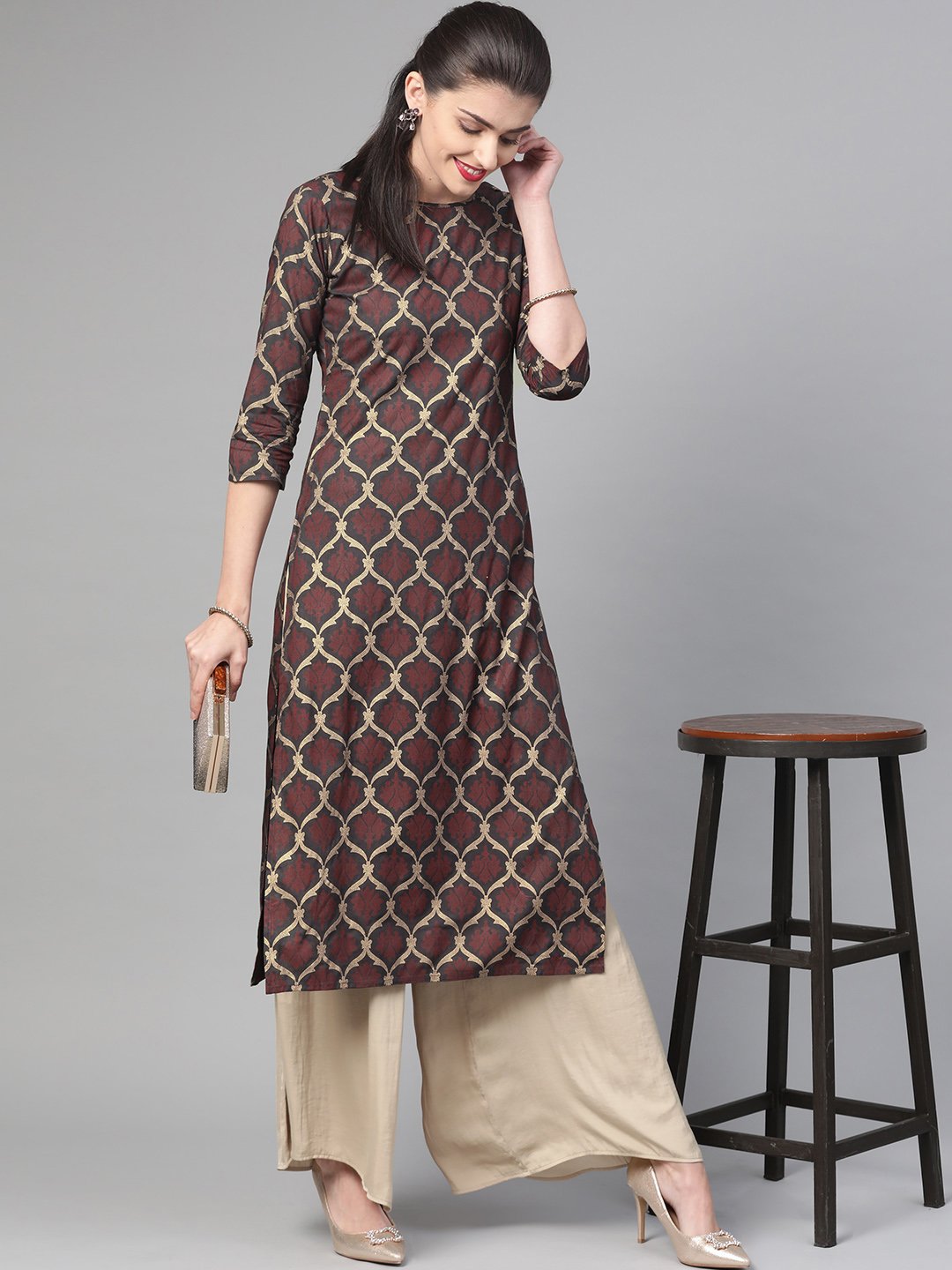 Adults-Women Olive & Gold Cotton Straight Geometric Printed Kurta | LASVINI - Redefining Indian Fashion with Elegance