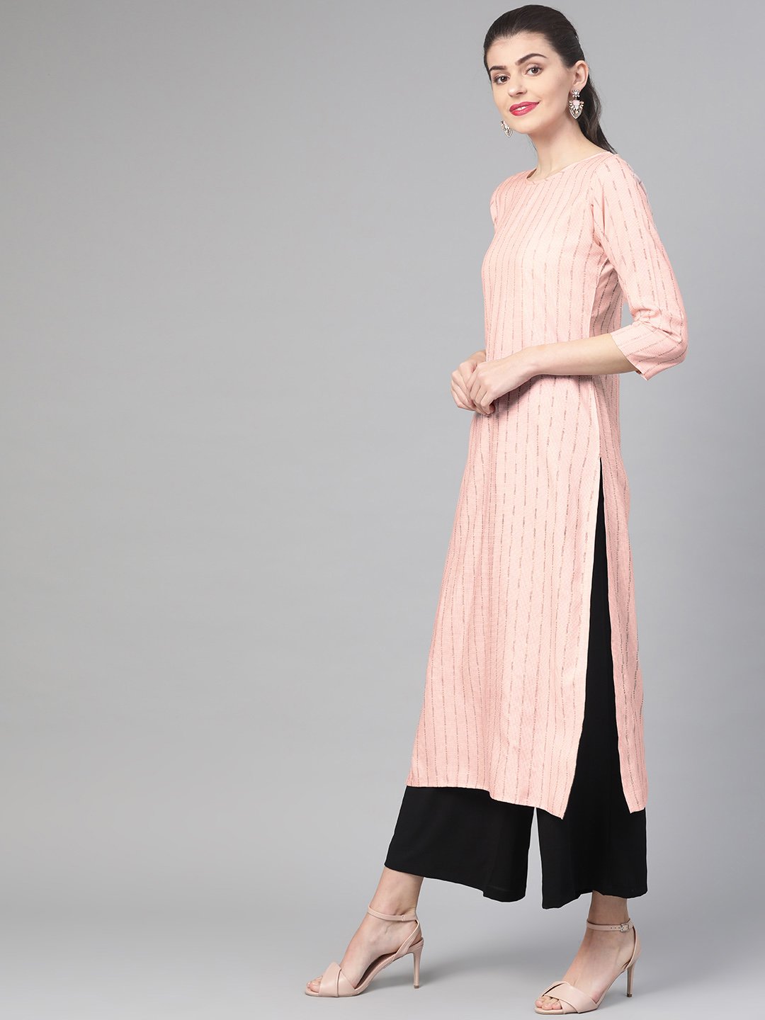 Adults-Women Red & Gold Cotton Straight Striped Striped Kurta | LASVINI - Redefining Indian Fashion with Elegance