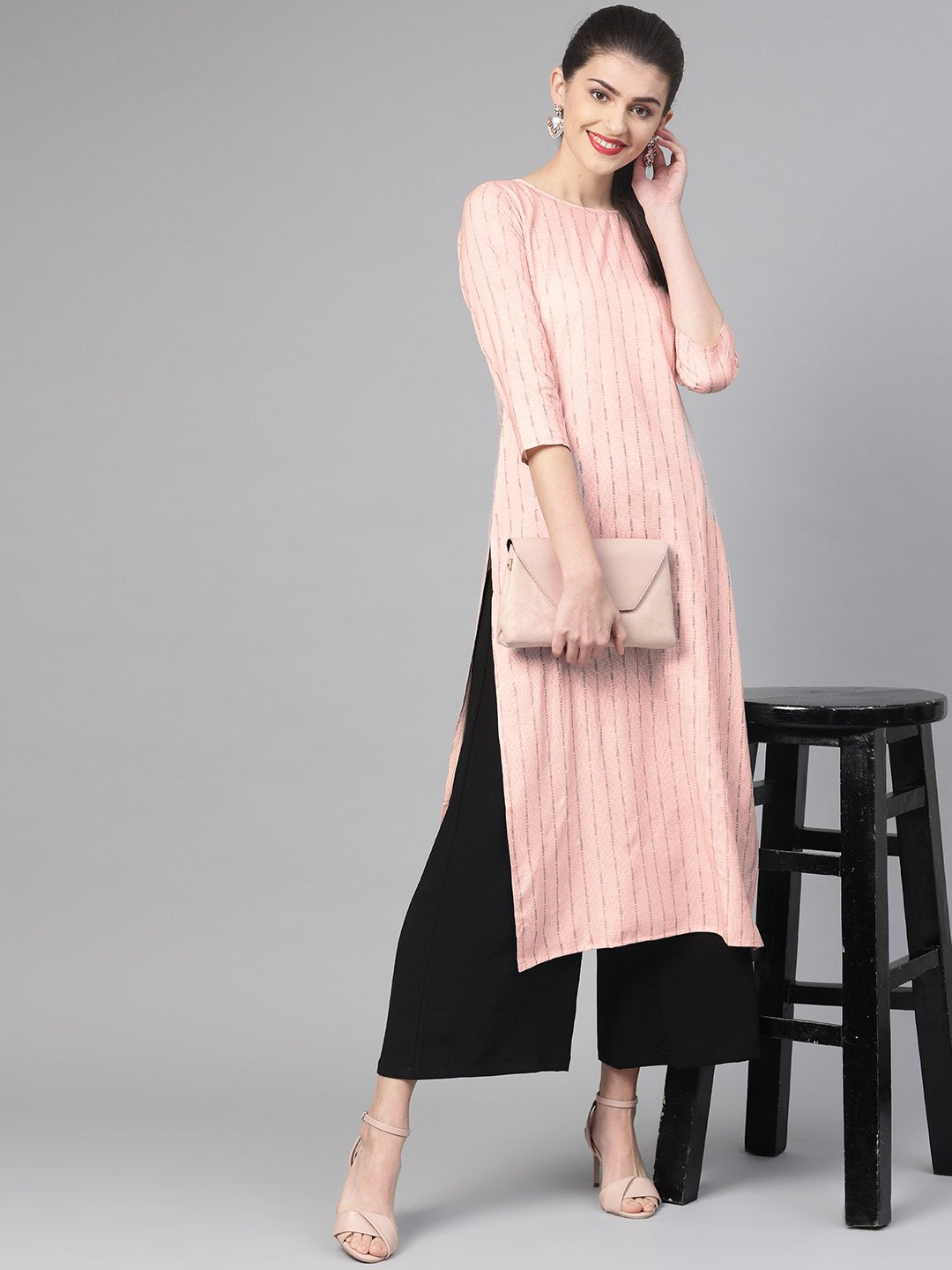 Adults-Women Red & Gold Cotton Straight Striped Striped Kurta | LASVINI - Redefining Indian Fashion with Elegance