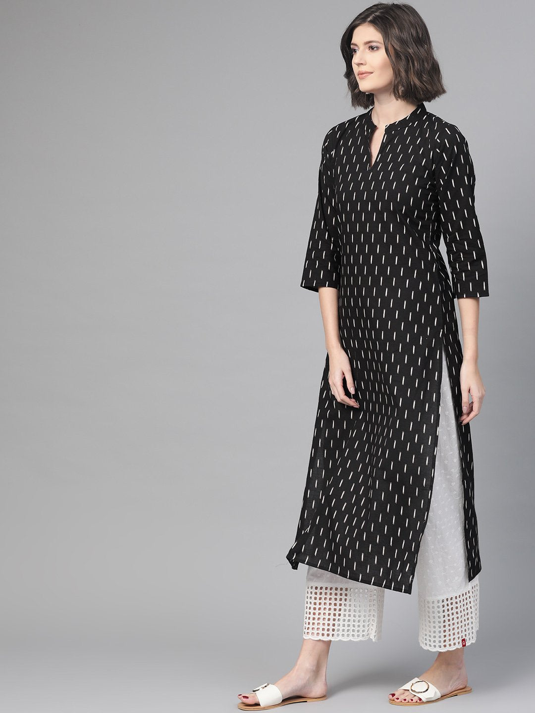 Adults-Women Black & White Cotton Straight Abstract Printed Kurta | LASVINI - Redefining Indian Fashion with Elegance