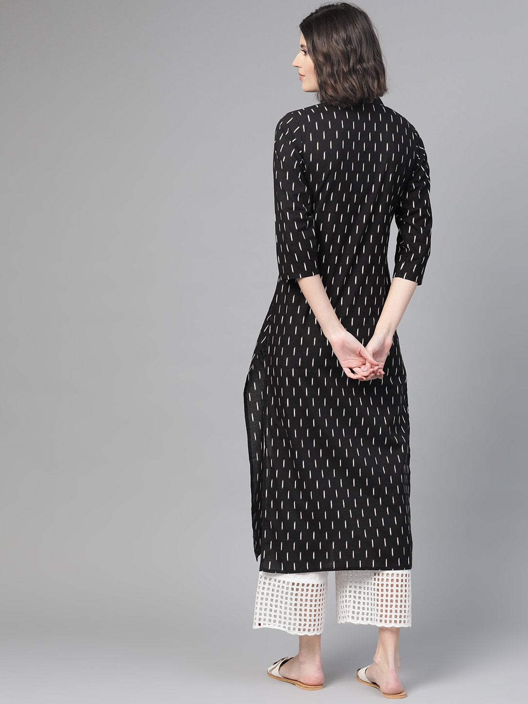 Adults-Women Black & White Cotton Straight Abstract Printed Kurta | LASVINI - Redefining Indian Fashion with Elegance
