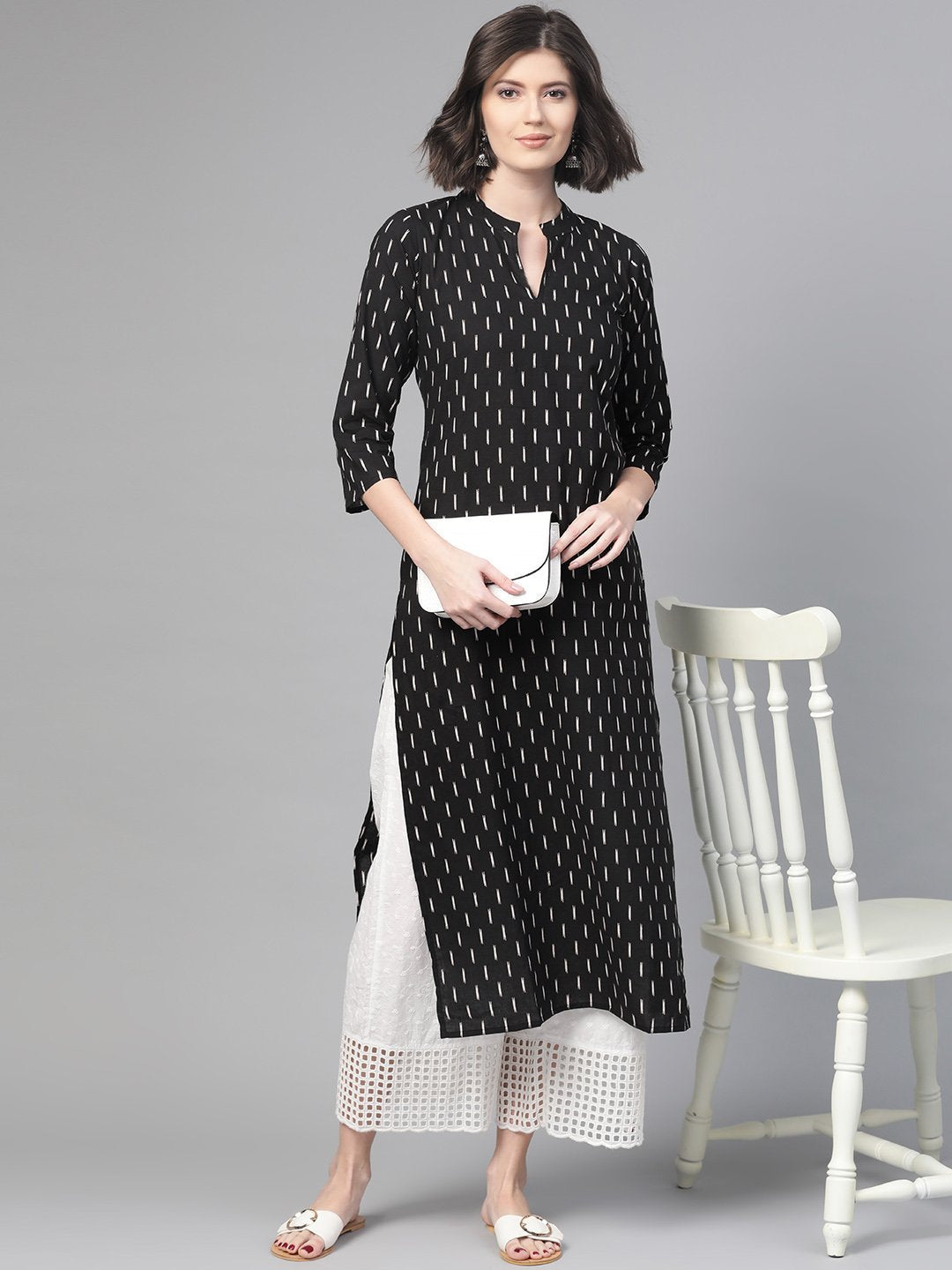 Adults-Women Black & White Cotton Straight Abstract Printed Kurta | LASVINI - Redefining Indian Fashion with Elegance